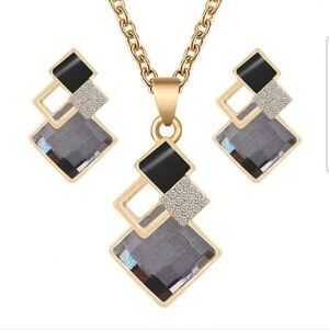 Gold-Tone Black Crystal Geometric Necklace & Earring Set